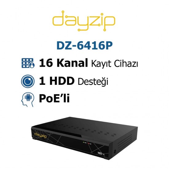 Dayzip DZ-6416P 16 kanal PoE 4K IP NVR güvenlik kayıt cihazı